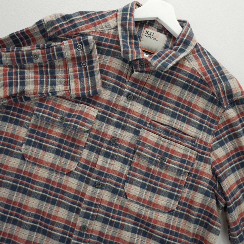 5.11 Tactical Mens Plaid Flannel Button Down Shirt Orange Blue Tan 72532 Medium